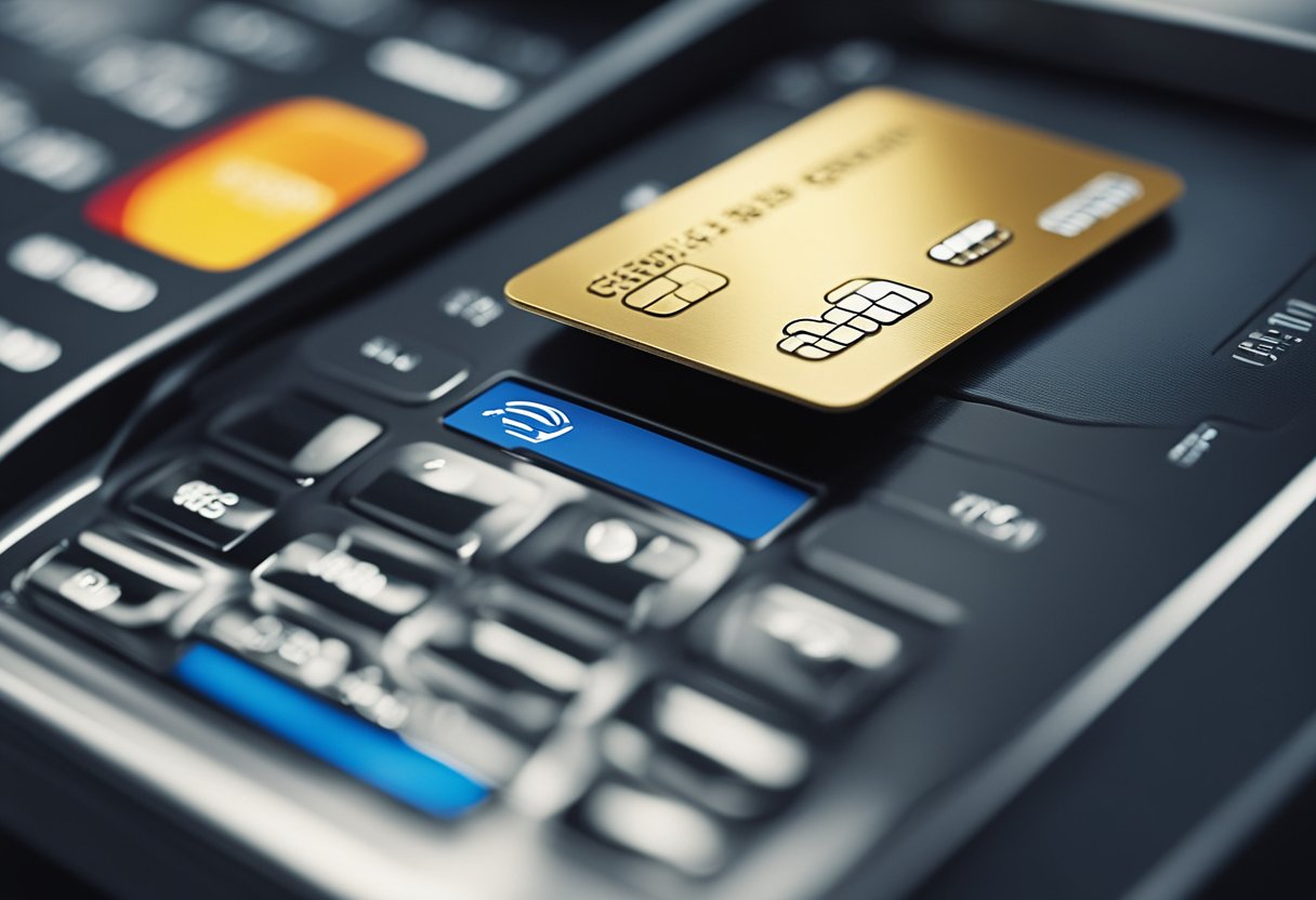 Um cartão de crédito corporativo elegante e moderno sendo passado em um terminal de pagamento, com um display digital mostrando uma transação bem-sucedida