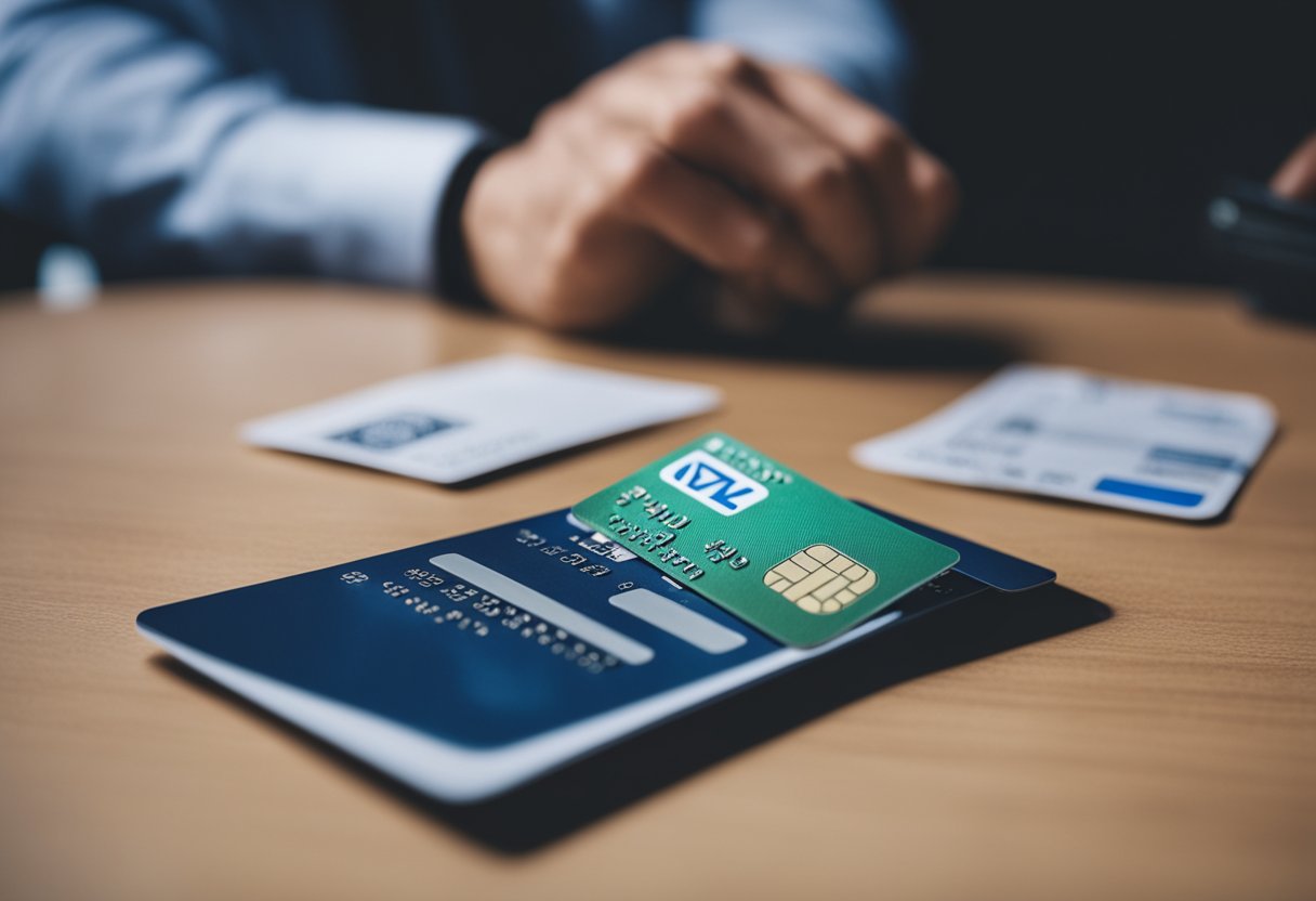 Uma pessoa com uma expressão de descontentamento olhando para uma pilha de contas não pagas enquanto segura um cartão de crédito recusado.