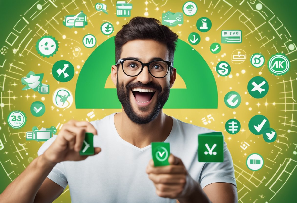 Uma pessoa com uma expressão de alívio após receber aprovação instantânea para um cartão de crédito, cercada por símbolos positivos como uma marca de verificação e um carimbo verde de "aprovado".