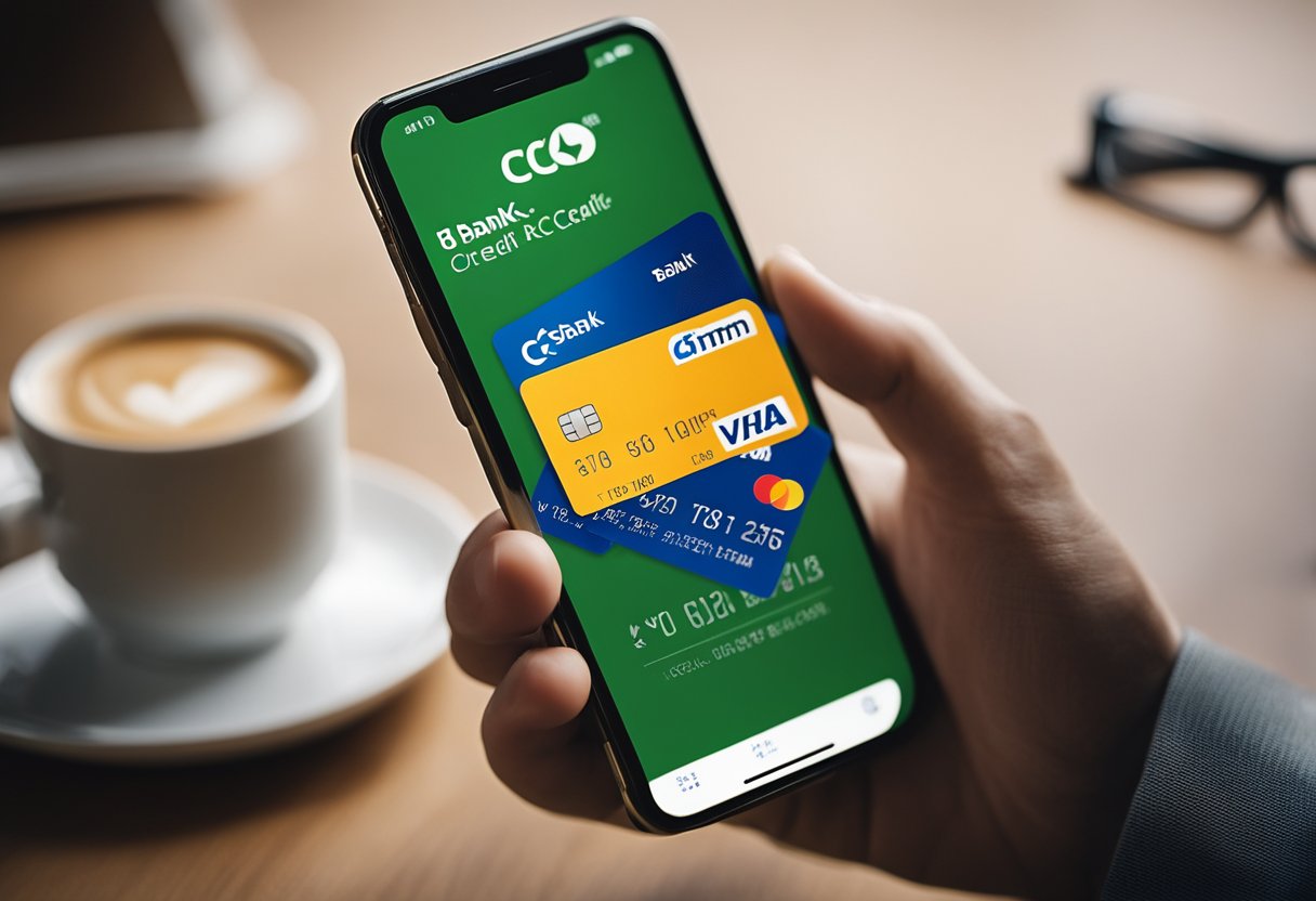 Uma pessoa usando um smartphone para solicitar um cartão de crédito C6 Bank TIM, com os logotipos do C6 Bank e TIM visíveis na tela