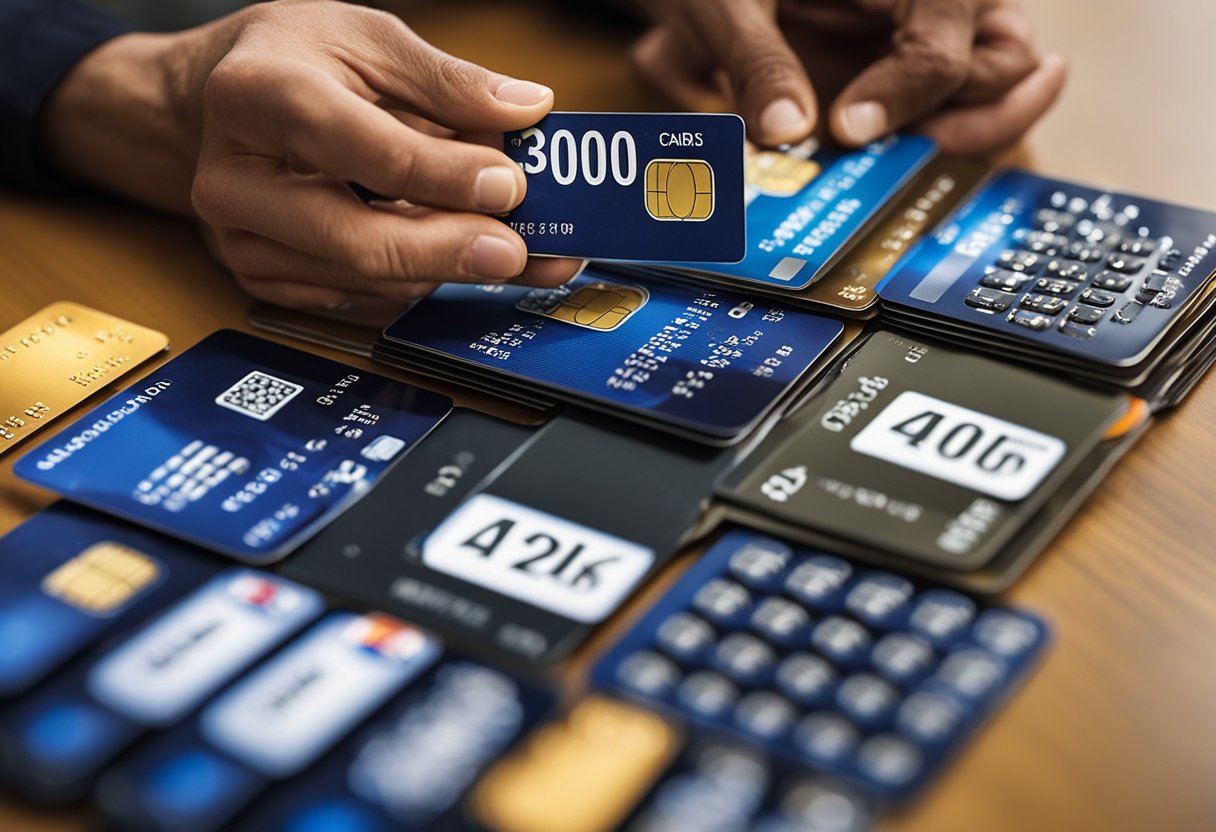 Uma pessoa comparando diferentes cartões de crédito com um limite de 500 reais. Várias opções de cartões de crédito estão dispostas em uma mesa para comparação.