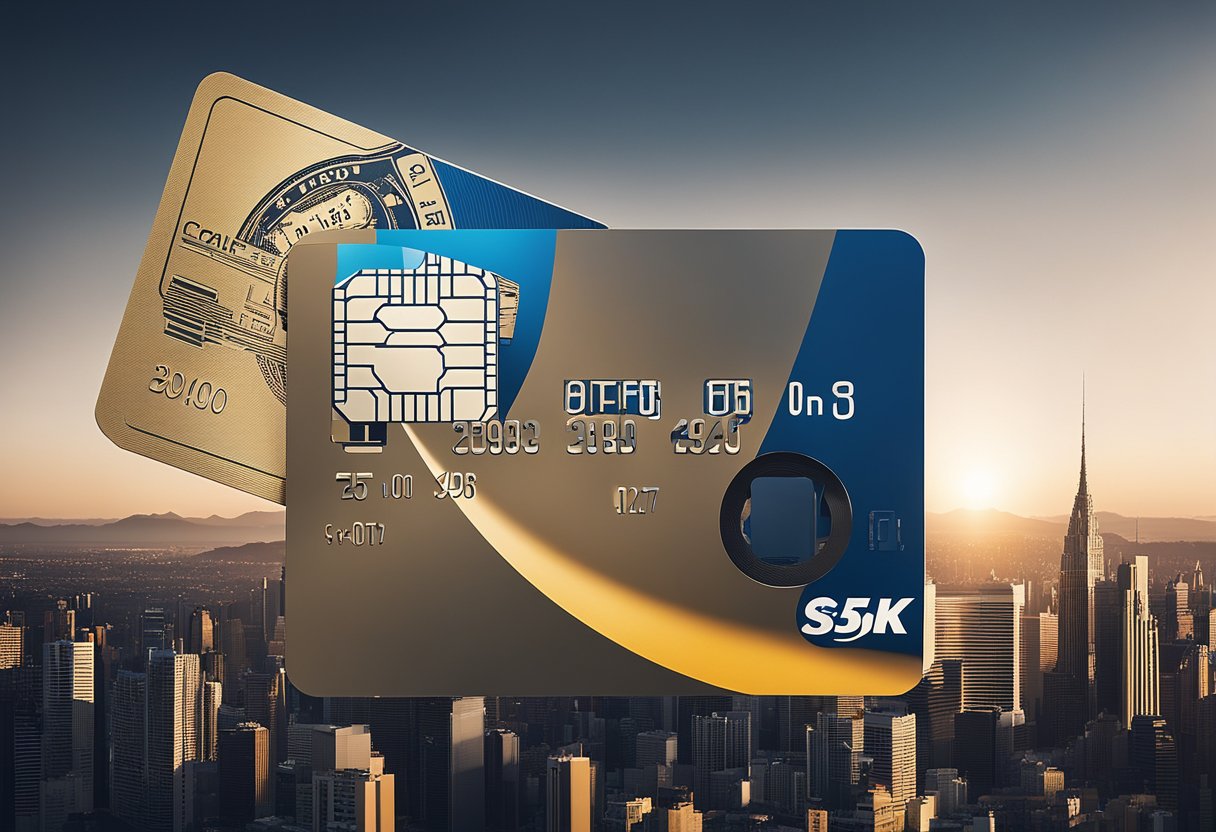 Um cartão de crédito gigante pairando sobre o horizonte da cidade, projetando uma sombra sobre as ruas abaixo