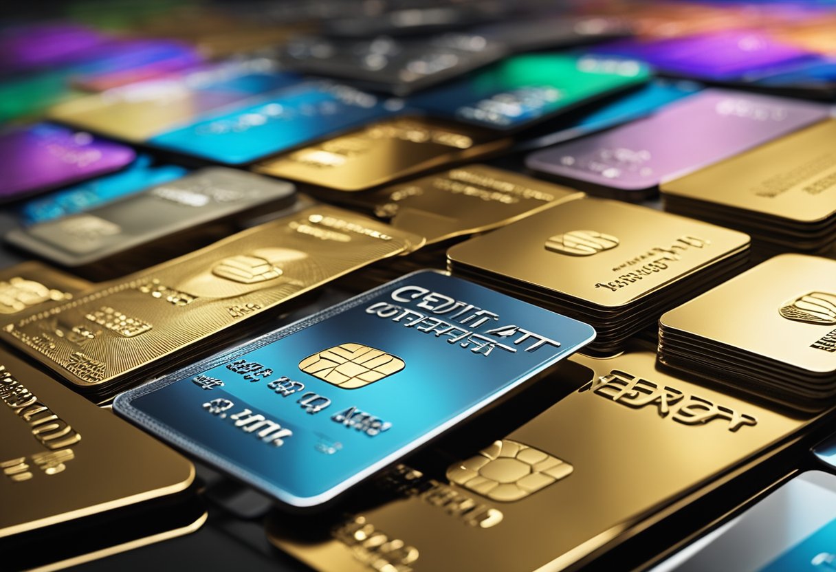Uma pilha de cartões de crédito metálicos e elegantes, com designs e cores variados, dispostos em uma fileira organizada, exalando um ar de luxo e exclusividade.