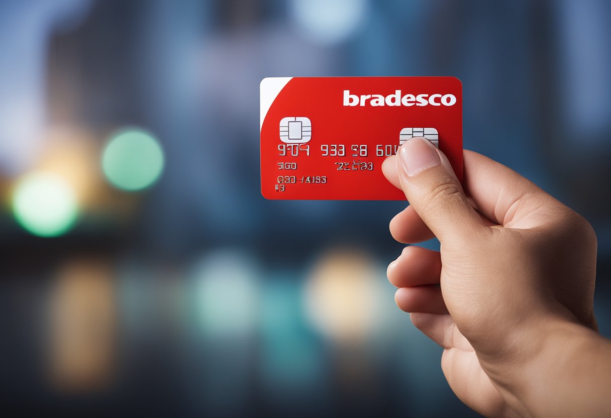 Uma mão segurando um cartão de crédito consignado Bradesco, com o logo do Bradesco ao fundo
