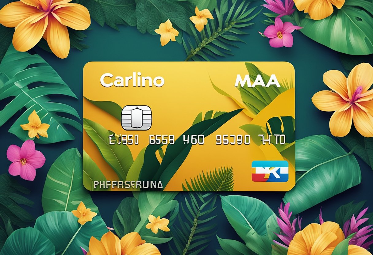 Um cartão de crédito colorido com o logo e nome de Carlinhos Maia, cercado por flores tropicais e símbolos de luxo e sucesso.