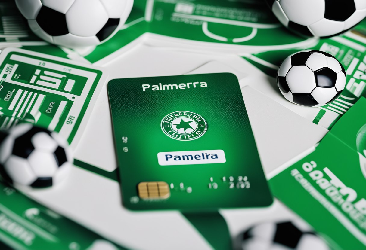 Um cartão de crédito verde e branco do Palmeiras cercado por paraphernália de futebol