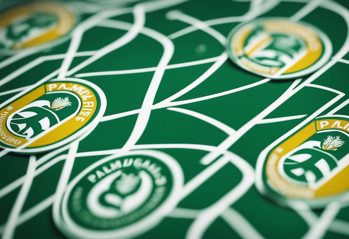 Um cartão de crédito com o logo do Palmeiras cercado por cores verde e branco, apresentando o emblema icônico do clube e a marca do patrocinador.