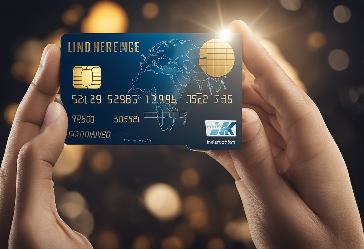 Uma mão segurando um cartão de crédito com o logo do Inter, cercada por símbolos de alto poder de compra, como itens de luxo e destinos de viagem.