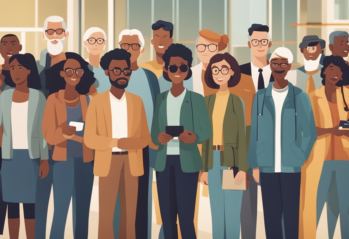 Um grupo diversificado de pessoas de diferentes origens e idades, em fila, esperando ansiosamente para receber seus cartões de crédito universal.