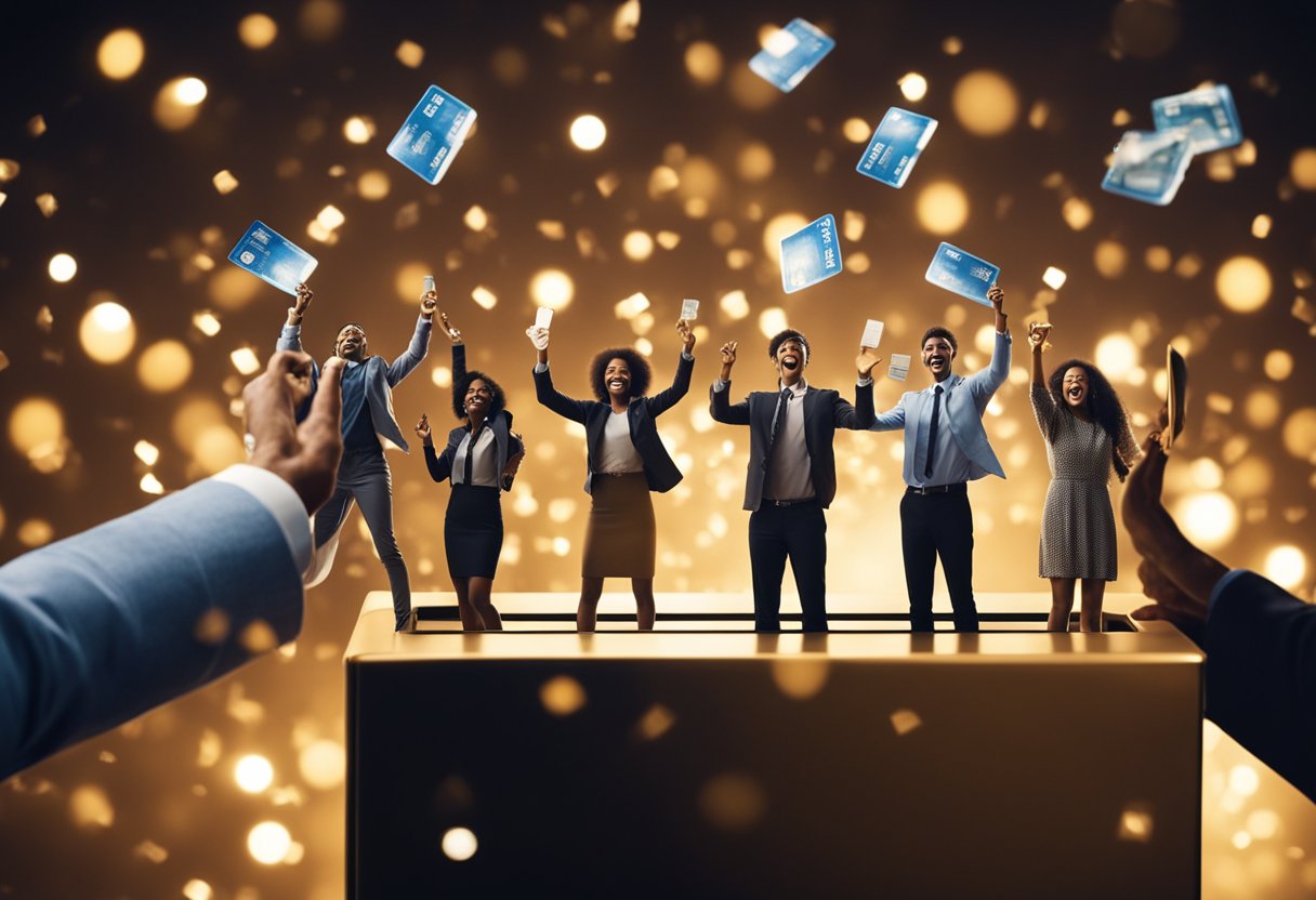 Um grupo de pessoas diversas celebrando enquanto um cartão de crédito é liberado de uma caixa trancada, com uma luz brilhante iluminando a cena.