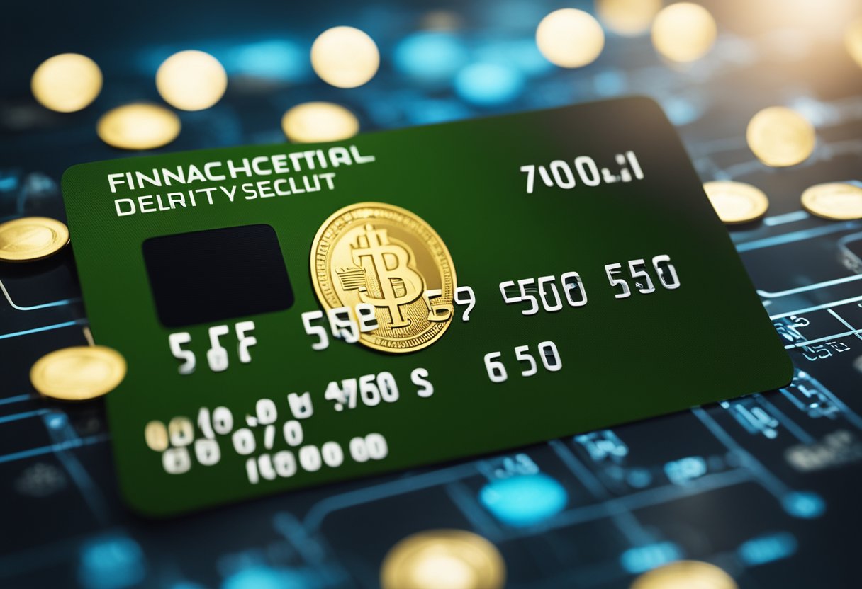 Um cartão de crédito com um limite de $5.000 cercado por símbolos de segurança e estabilidade financeira.