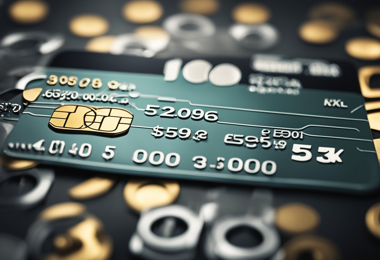 Um cartão de crédito com um limite de $5.000 cercado por ícones e símbolos financeiros