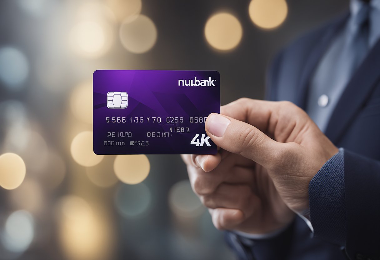 Uma mão segurando um cartão de crédito Nubank com um fundo minimalista