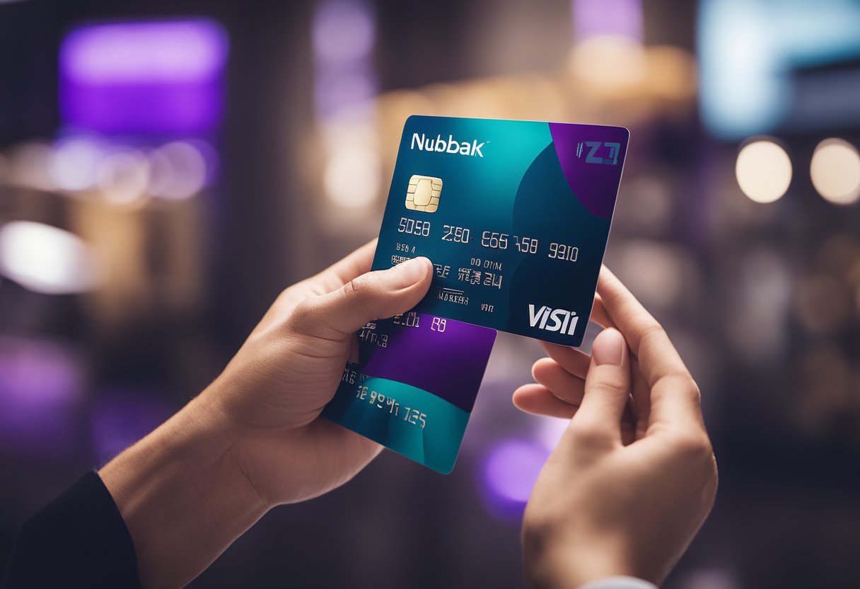 Uma mão segurando um cartão de crédito Nubank com vários benefícios ao seu redor em um ambiente moderno e minimalista