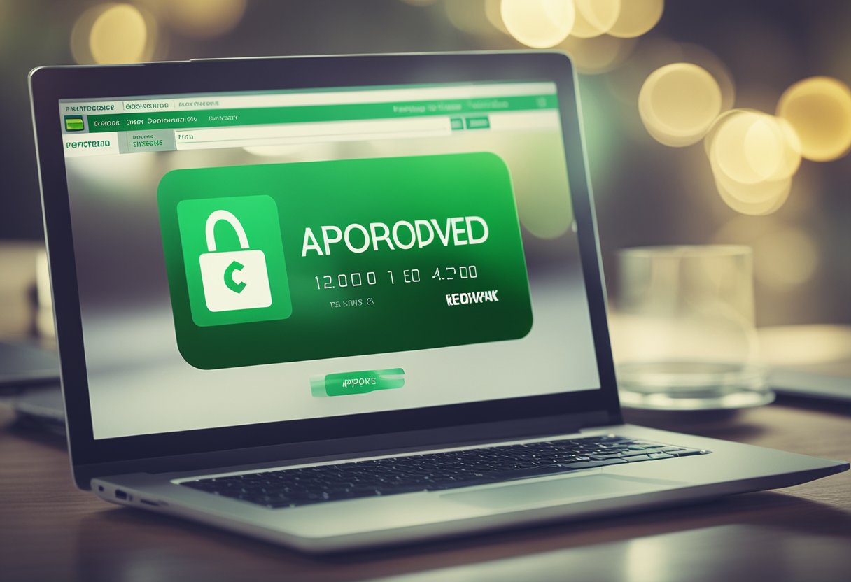 Uma tela de computador exibindo um checkmark verde e as palavras "aprovado instantaneamente" com um ícone de cartão de crédito
