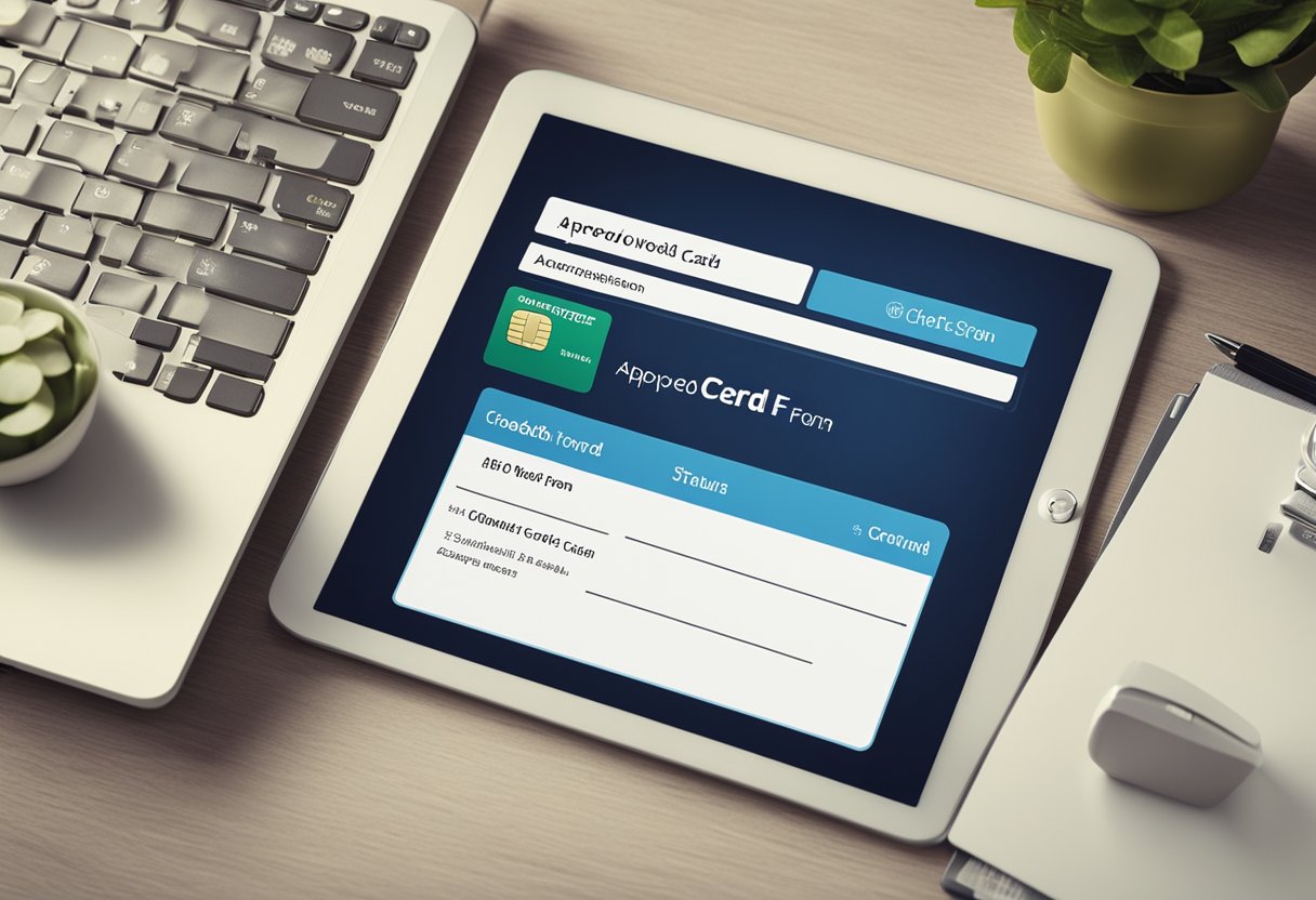 Uma tela de computador exibindo um formulário de solicitação de cartão de crédito online com status "aprovado" e um ícone de marca de seleção