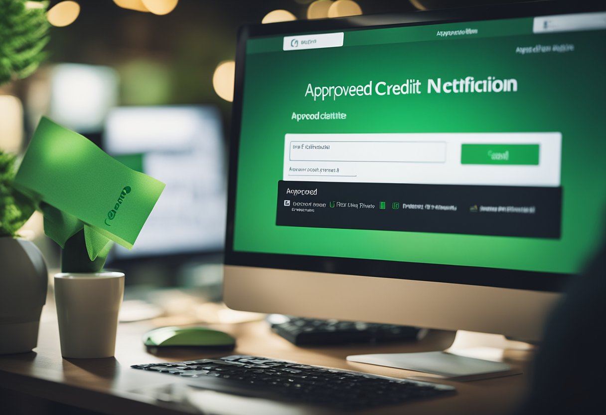 Uma pessoa sentada em um computador, preenchendo um formulário de solicitação de cartão de crédito online, com uma notificação verde de "aprovado" aparecendo na tela.