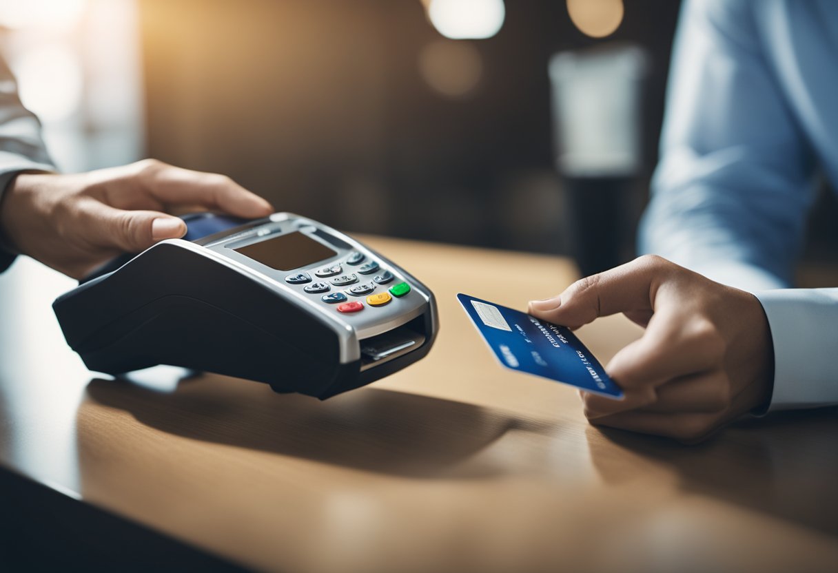 Um jovem recebendo um cartão de crédito de um caixa do banco