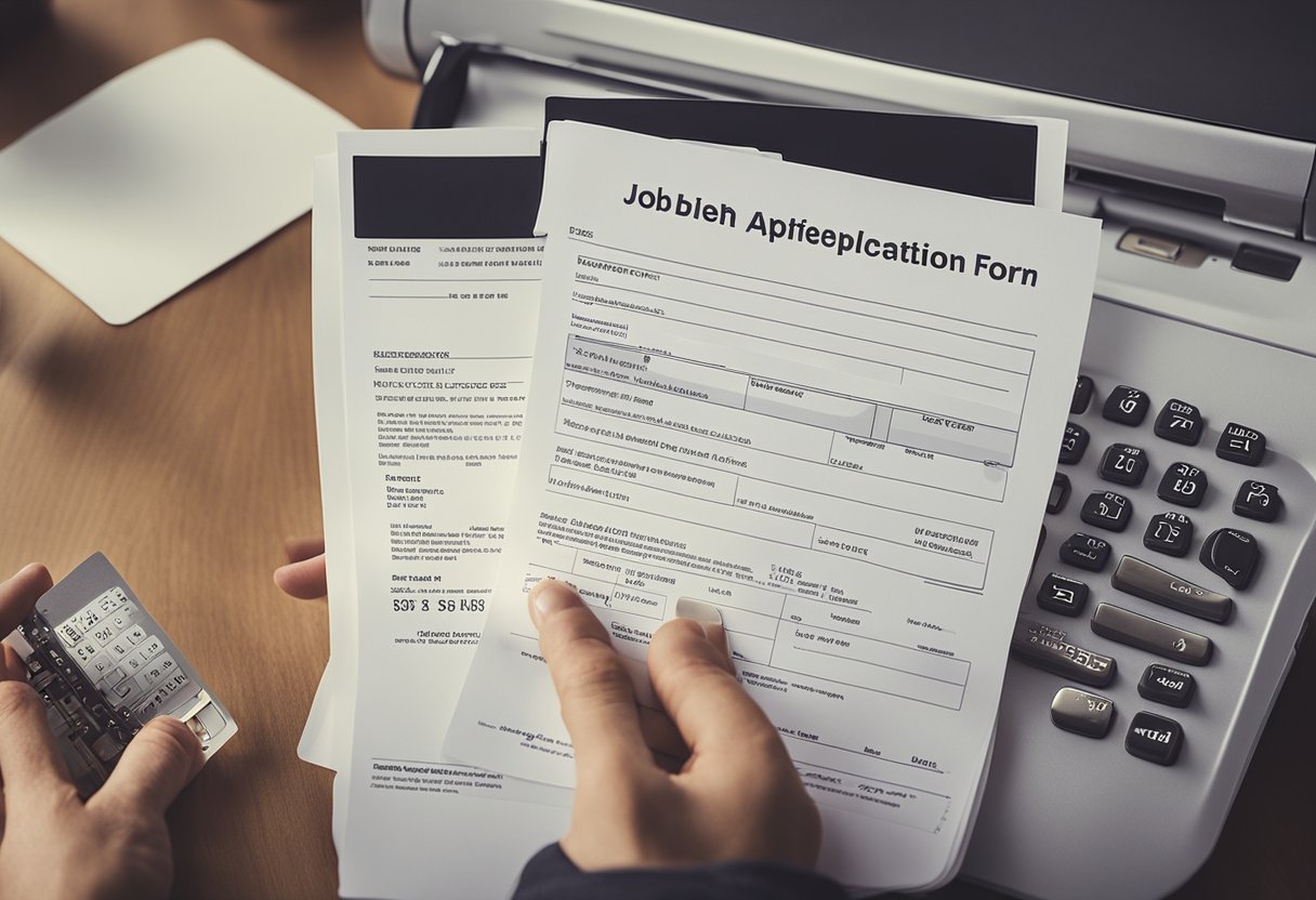 Um jovem segurando um formulário de solicitação de emprego e um extrato bancário, enquanto um caixa do banco explica o processo de solicitação de um cartão de crédito para um aprendiz menor de idade.