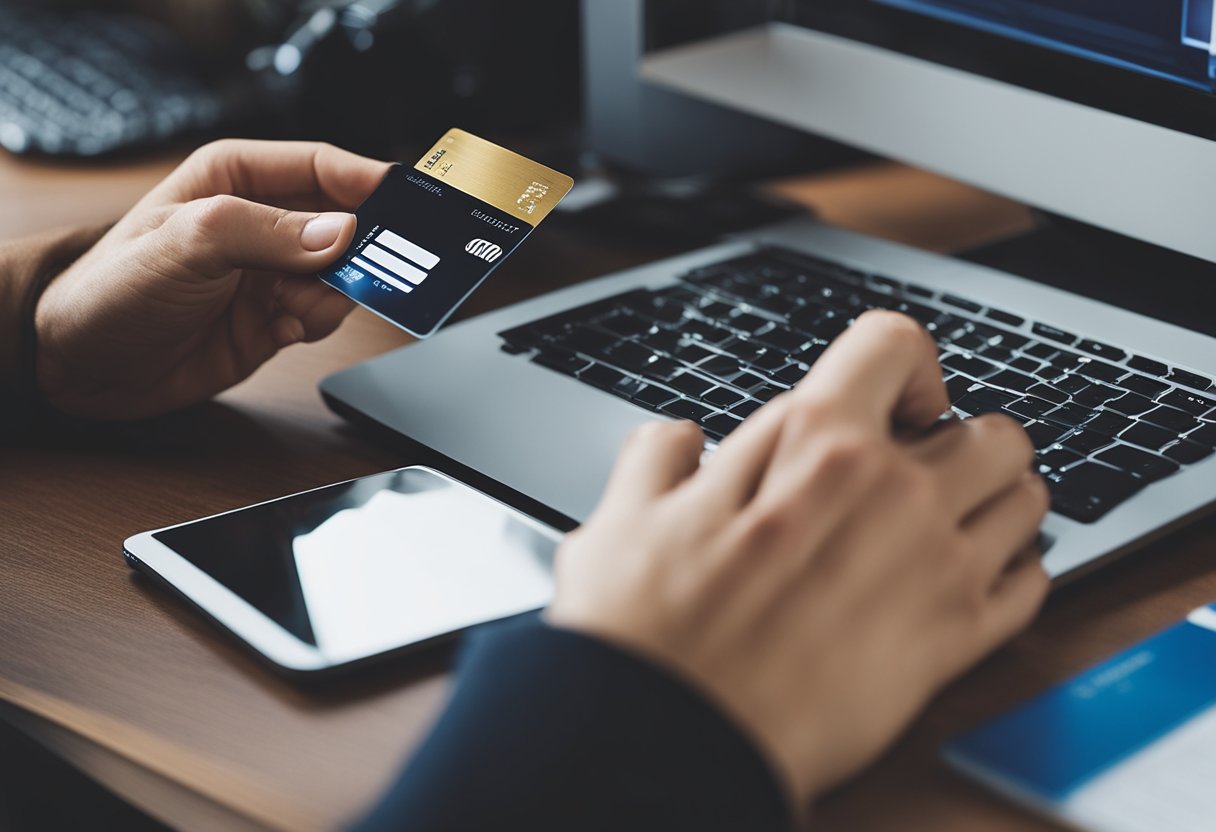 Uma pessoa usando um computador para acessar o site de uma empresa de cartão de crédito para solicitar um cartão duplicado.
