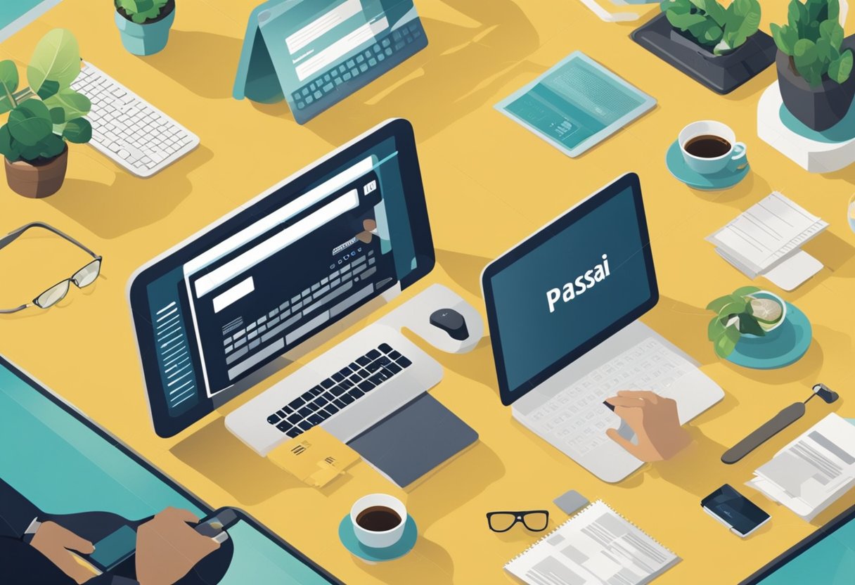 Uma pessoa sentada em uma mesa com um computador, digitando e navegando em um site para solicitar uma segunda via de um cartão de crédito PASSAI.