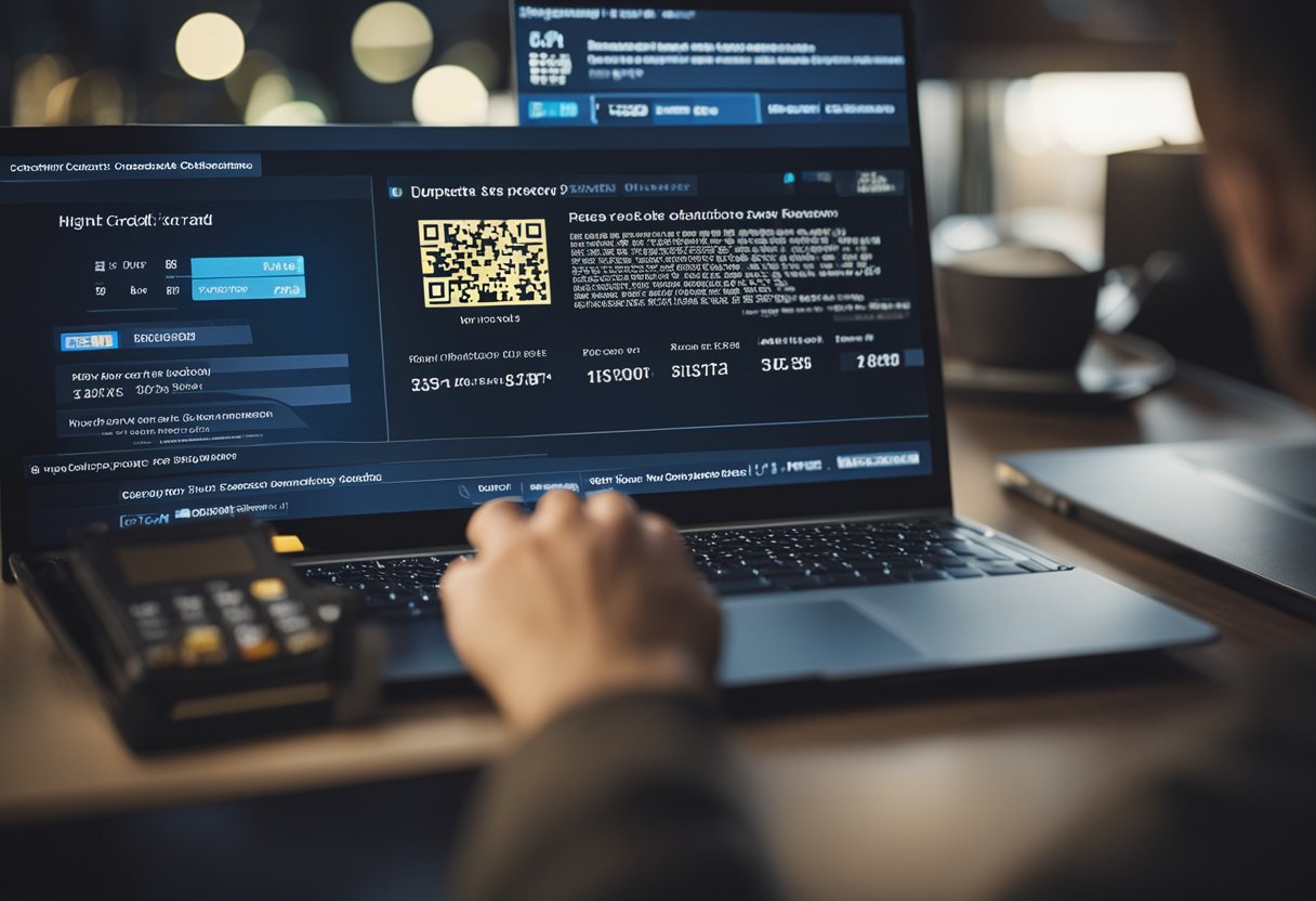 Uma pessoa em um computador, pesquisando online por instruções sobre como solicitar um cartão de crédito duplicado.