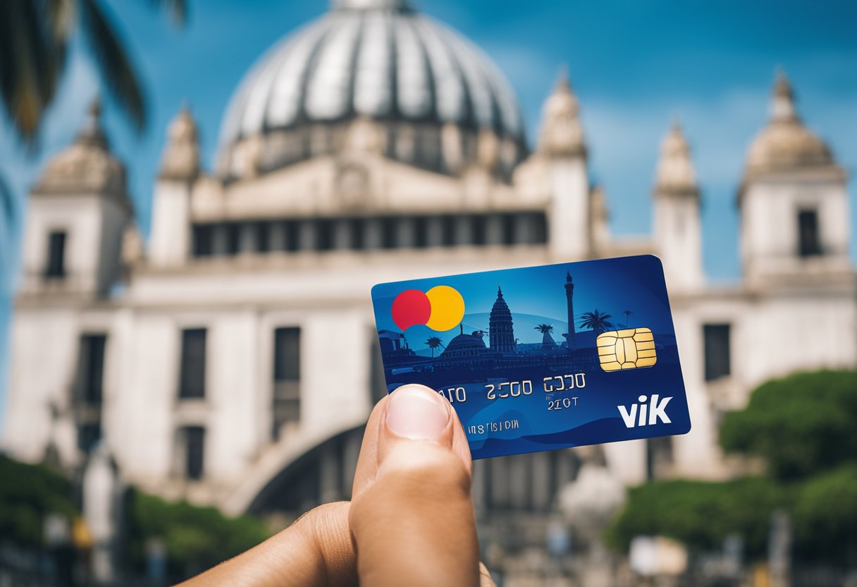 Uma mão segurando um cartão de crédito pré-pago do Itaú, com um fundo vibrante de marcos e símbolos culturais brasileiros.