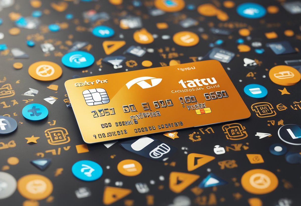 Um cartão de crédito pré-pago Itaú colorido cercado por vários símbolos de compras e pagamentos