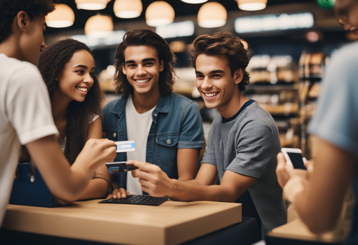 Um grupo de adolescentes usando cartões de débito em uma loja
