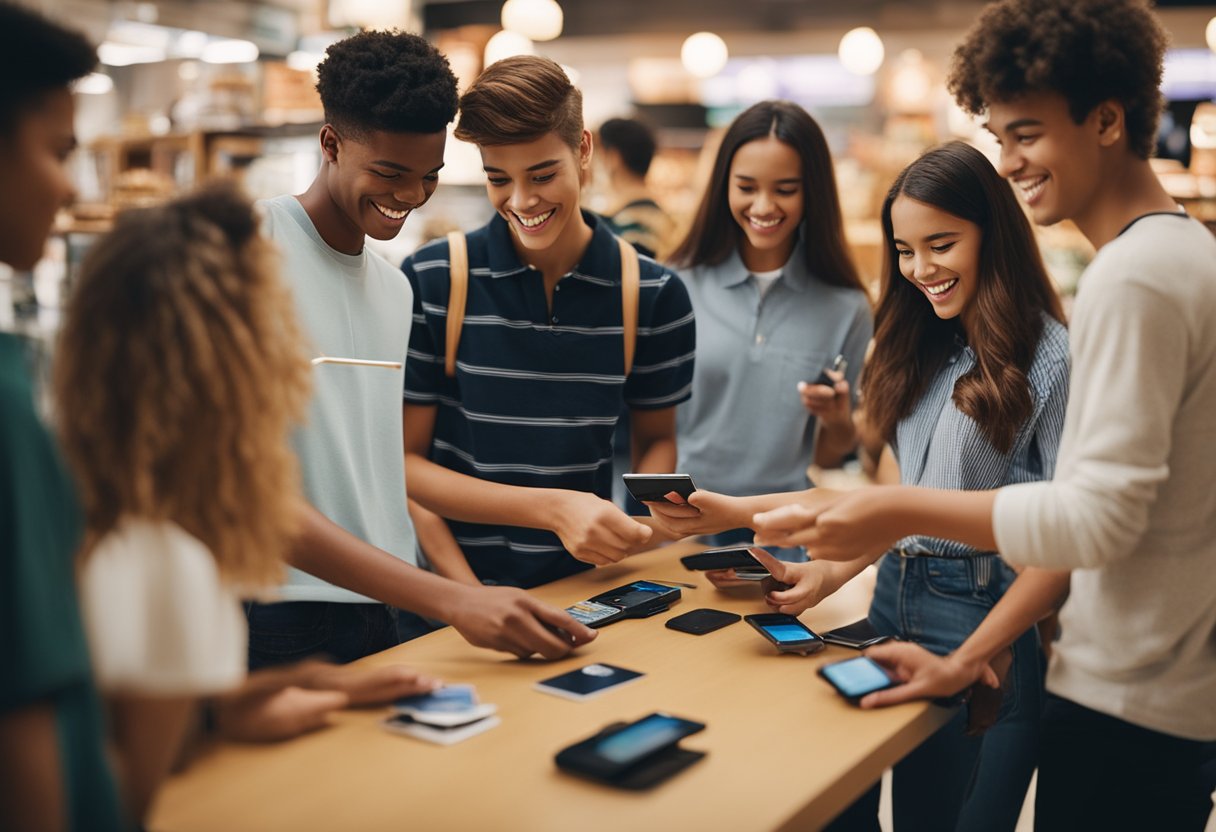 Um grupo de adolescentes felizes usando seus cartões de débito para fazer compras em várias lojas