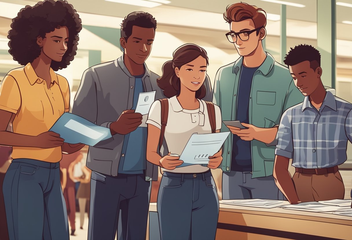 Um grupo de jovens em pé em uma fila no banco, acompanhados por seus pais, preenchendo formulários e fornecendo documentos de identificação para solicitar cartões de débito.