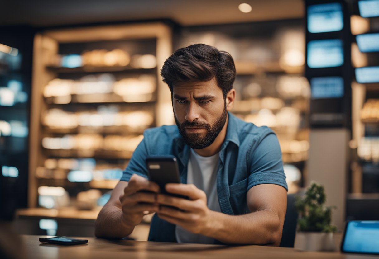 Uma pessoa frustrada tentando usar um cartão de débito virtual no celular, mas não está funcionando.