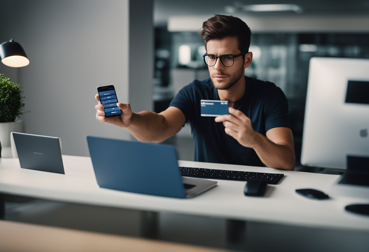 Uma pessoa frustrada tentando usar seu cartão de débito virtual do Caixa Tem em um computador ou smartphone, com mensagens de erro aparecendo na tela.
