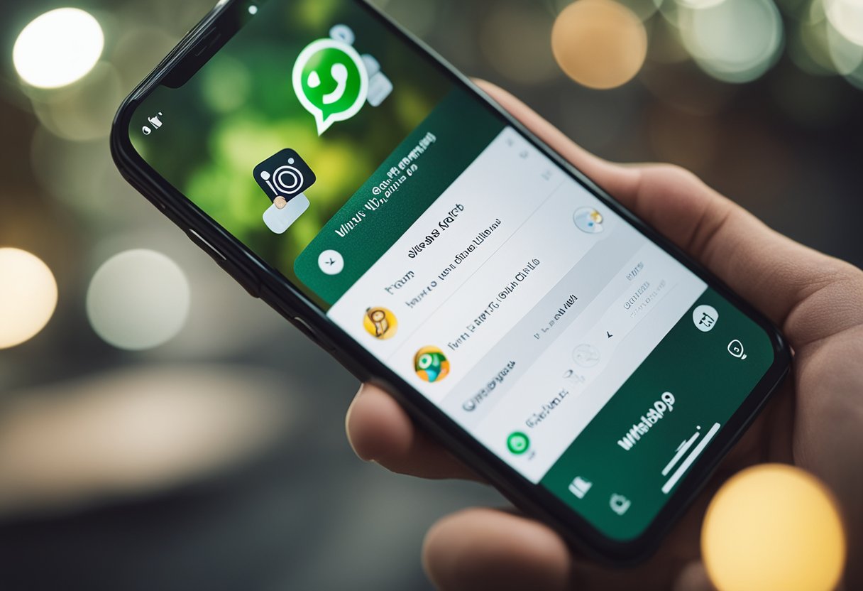 Uma mão segurando um smartphone com o logo do WhatsApp exibido na tela, enquanto um número está sendo inserido no aplicativo.