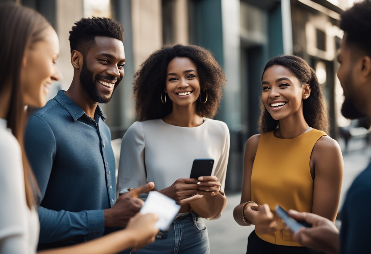 Um grupo de indivíduos diversos trocando informações de contato e sorrindo, representando a natureza inclusiva do Cartão de Todos