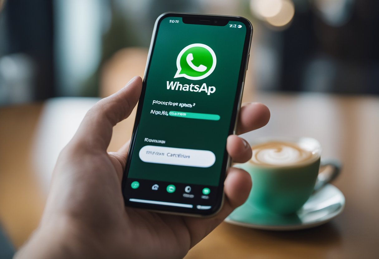 Uma pessoa segurando um telefone com o aplicativo WhatsApp aberto, com o logo do Cartão de Todos visível na tela.