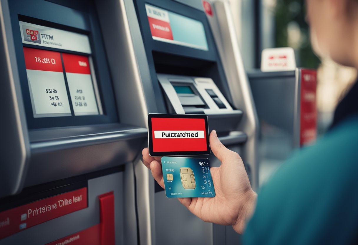 Uma pessoa segurando um cartão de débito com uma expressão confusa enquanto está em frente a um caixa eletrônico com uma mensagem vermelha de "não autorizado" exibida na tela.