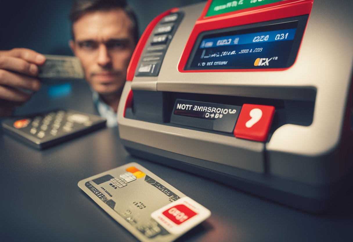 Uma pessoa frustrada segurando um cartão de débito Caixa com uma expressão perplexa, enquanto um símbolo vermelho de "não autorizado" pisca em um terminal de pagamento.