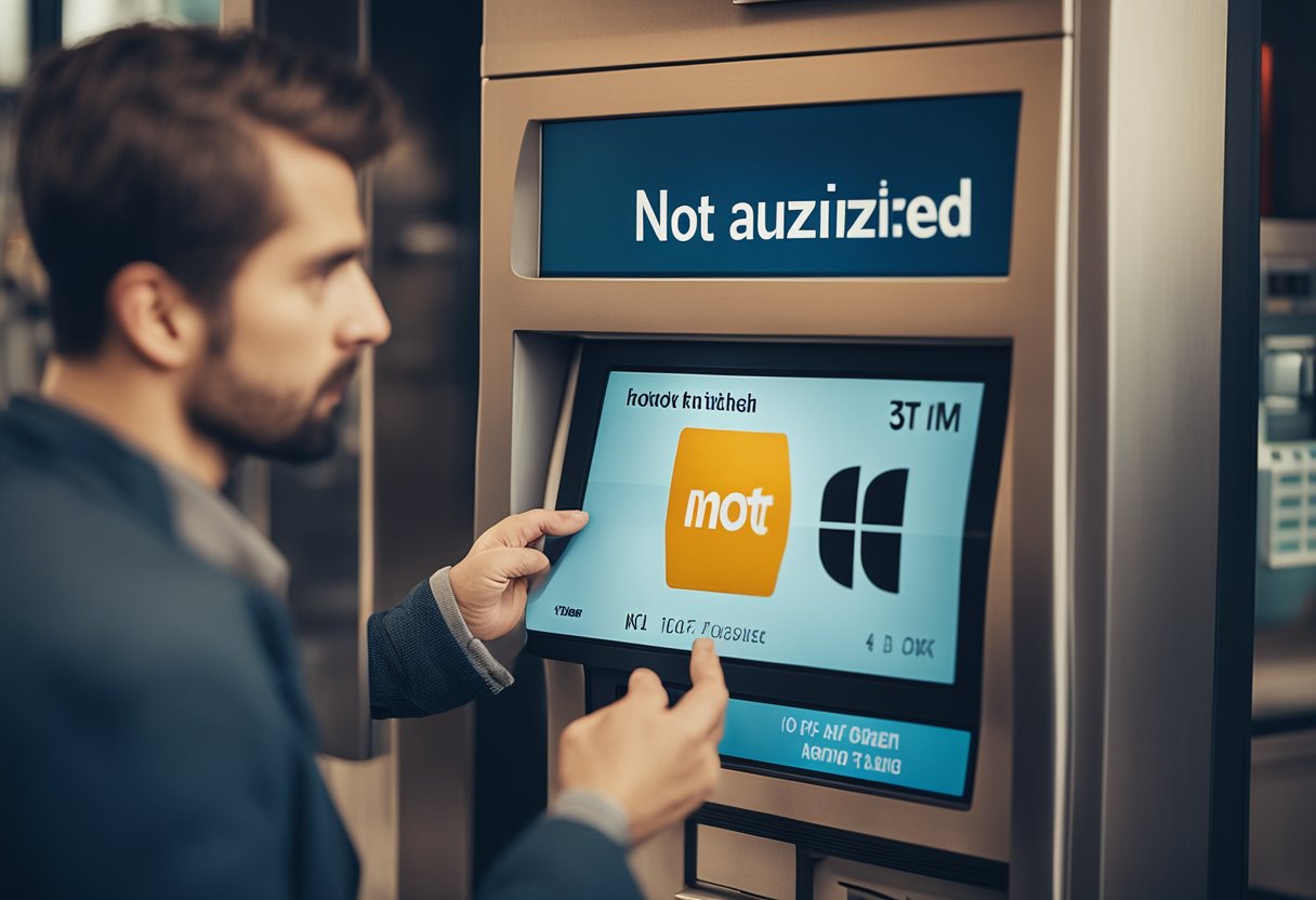 Uma pessoa segurando um cartão de débito e parecendo confusa enquanto está em frente a um caixa eletrônico com uma mensagem de "não autorizado" exibida na tela.