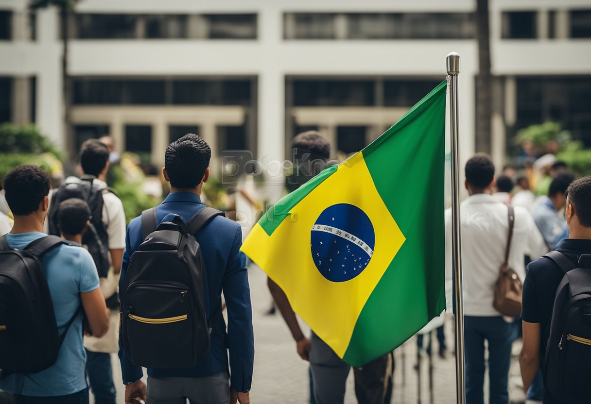 Uma pessoa segurando uma bandeira do Brasil está na fila do lado de fora de um escritório do governo, com outras pessoas esperando para se inscrever no programa "Auxílio Brasil".