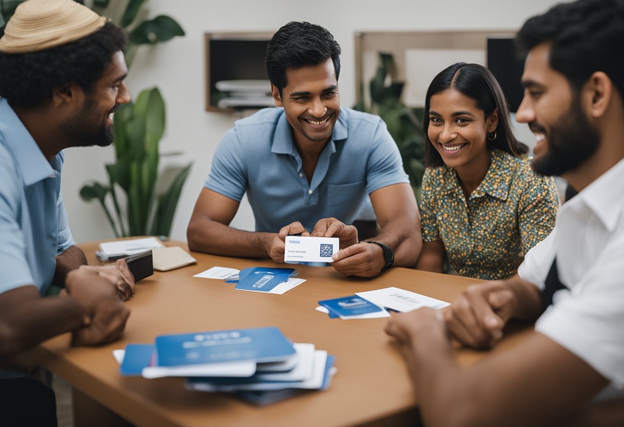 Uma família recebendo o cartão "Auxílio Brasil" de um funcionário do governo em um escritório local.