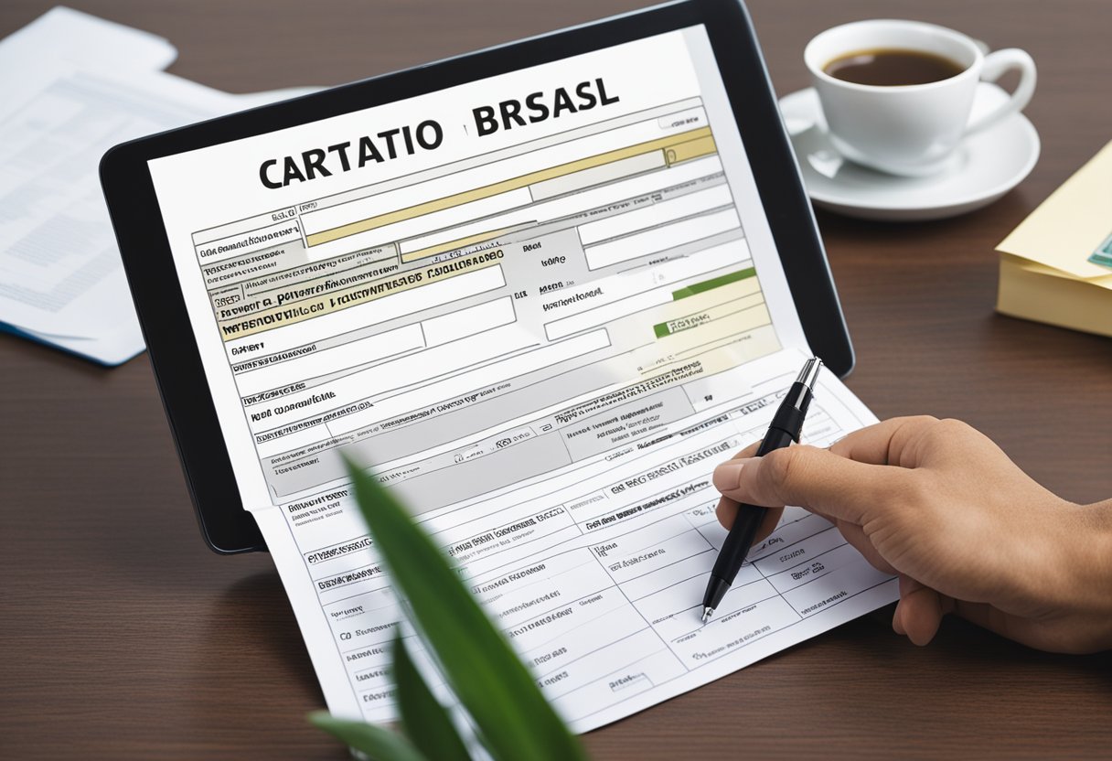 Uma pessoa segurando o formulário de solicitação do "Cartão Auxílio Brasil" e uma caneta, com um computador ou smartphone exibindo o site ao fundo.