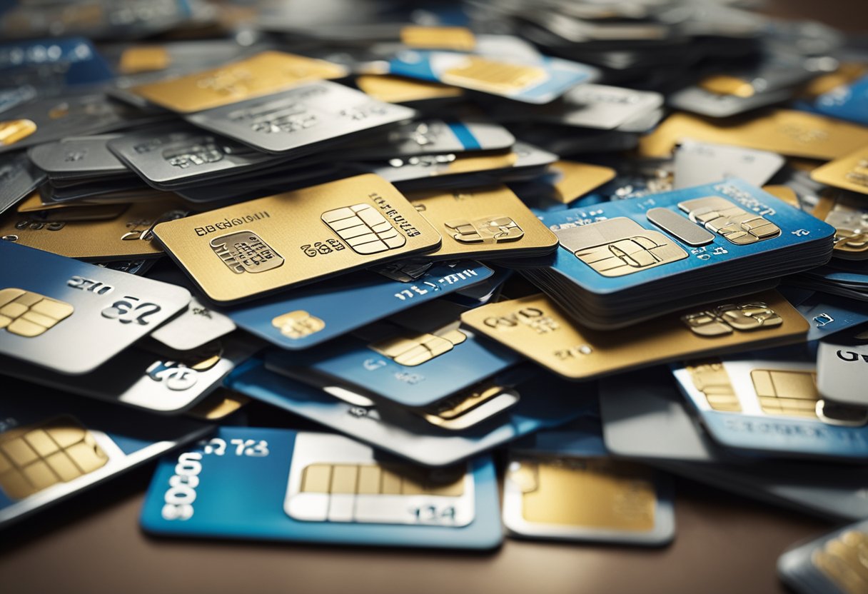 Uma pilha de cartões de crédito vencidos do Banco do Brasil espalhados sobre uma mesa, com uma pessoa frustrada procurando por uma solução.