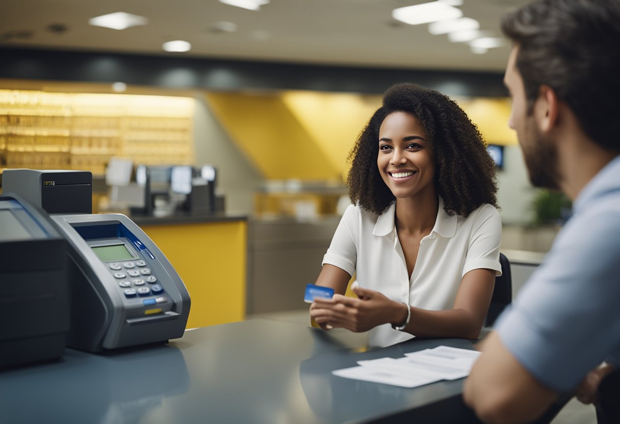 Uma pessoa no balcão de um banco, segurando um cartão do Banco do Brasil expirado e conversando com um atendente do banco.