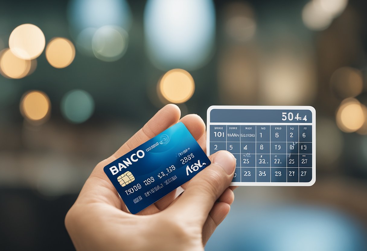 Uma mão segurando um cartão recém-emissionado do Banco Inter, com um calendário ao fundo mostrando a passagem do tempo.