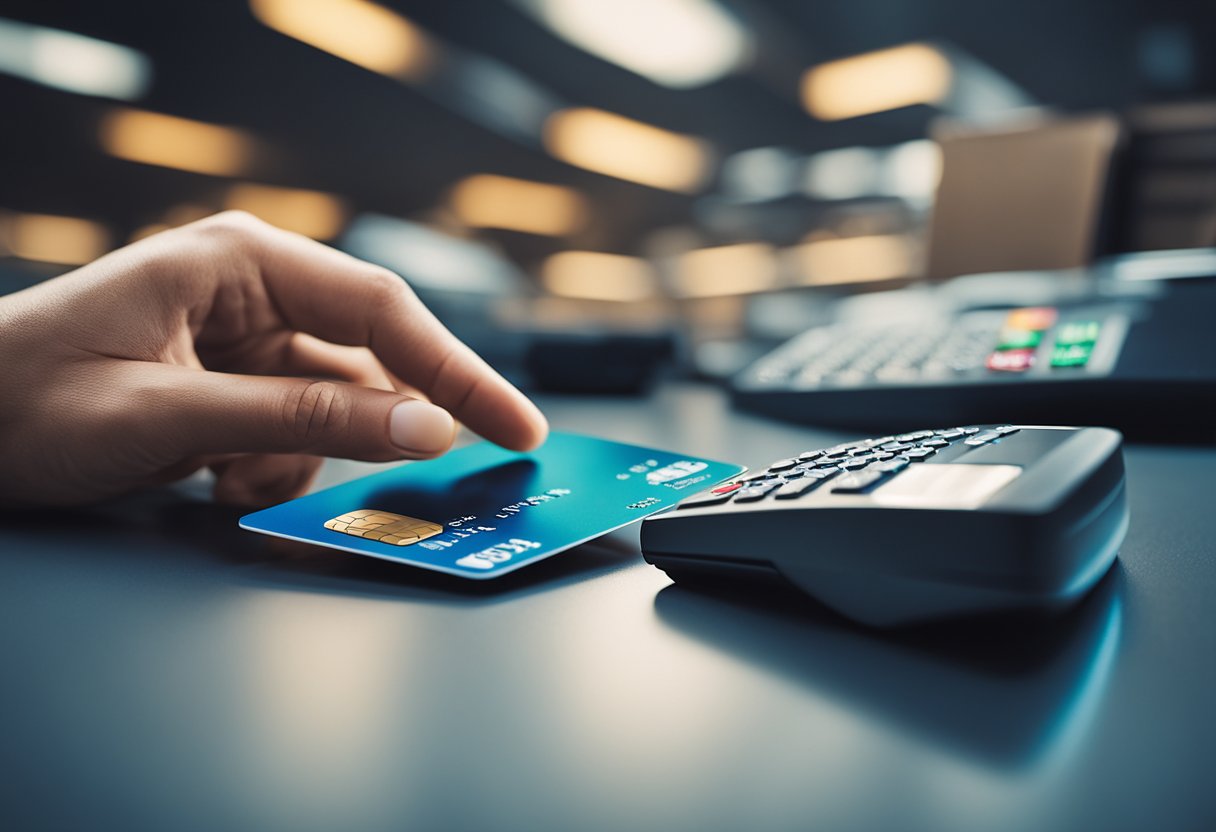 Uma mão alcançando um cartão de crédito e um cartão de débito em uma superfície elegante e moderna