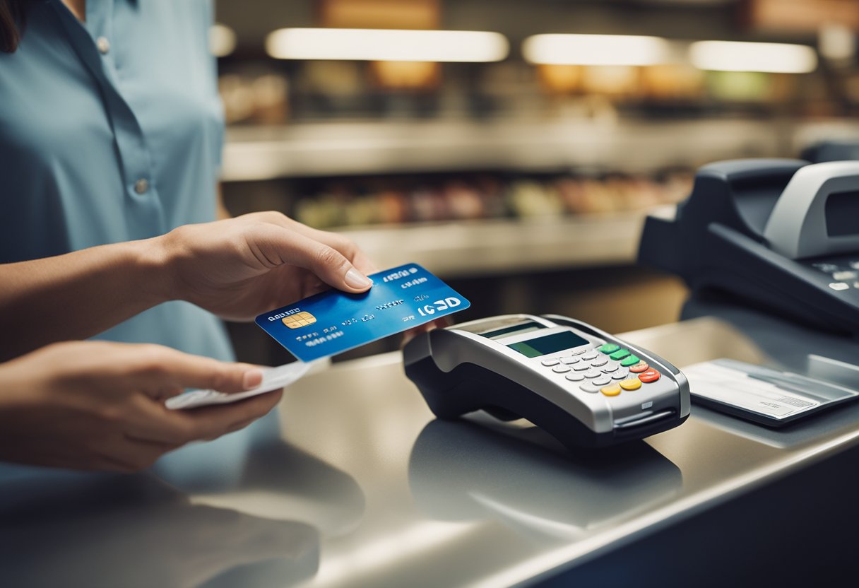 Um cliente passando um cartão de crédito em um balcão de checkout enquanto um cartão de débito está próximo.