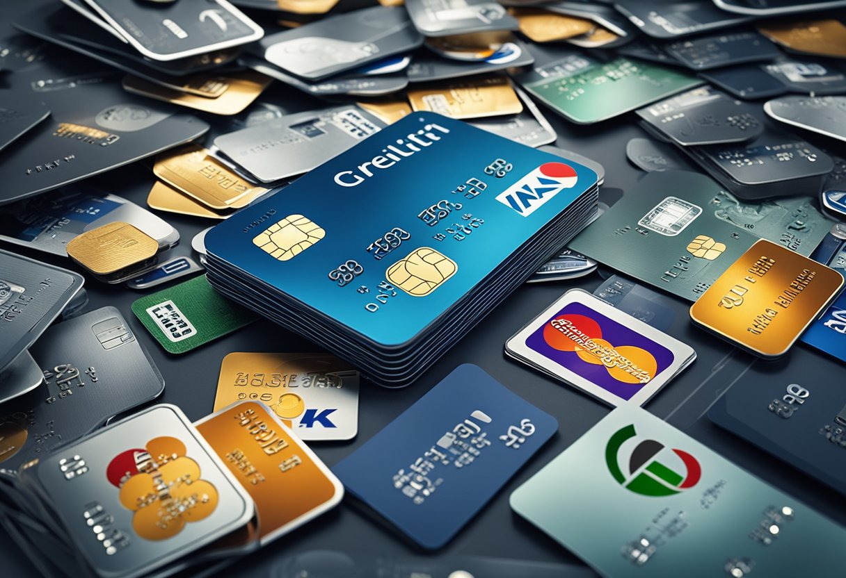 Uma pilha de cartões de crédito e débito cercada por ícones e símbolos financeiros