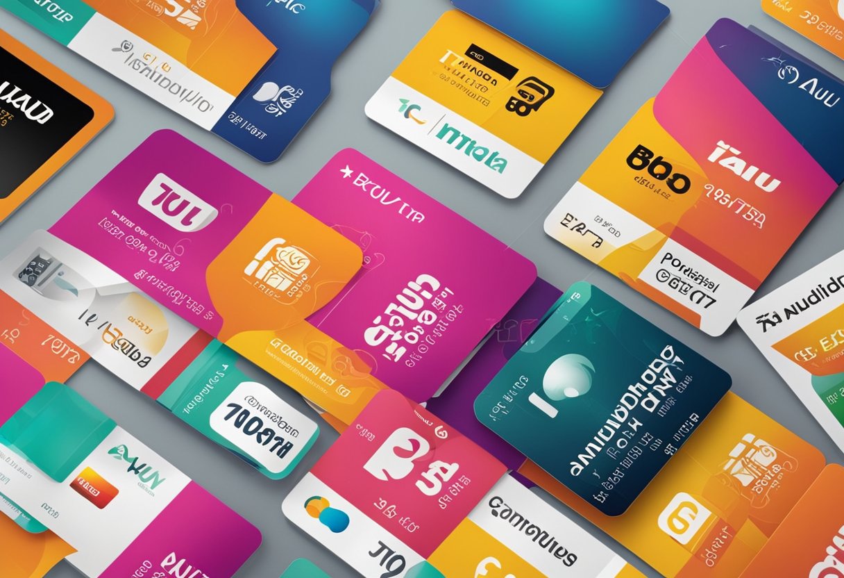 Um cartão Itau Extra colorido cercado por vários produtos com desconto, com um destacado rótulo "anuidade gratuita".