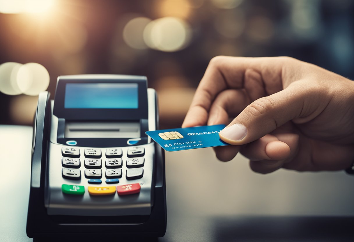 Uma mão segurando um cartão Girabank com um símbolo de crédito ou débito ao lado de um terminal de pagamento